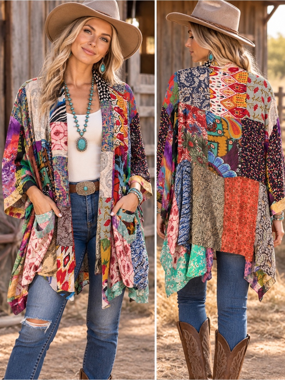 Young Threads Patchwork Boho Kimono Jacket Large NWT Colorful Open Front